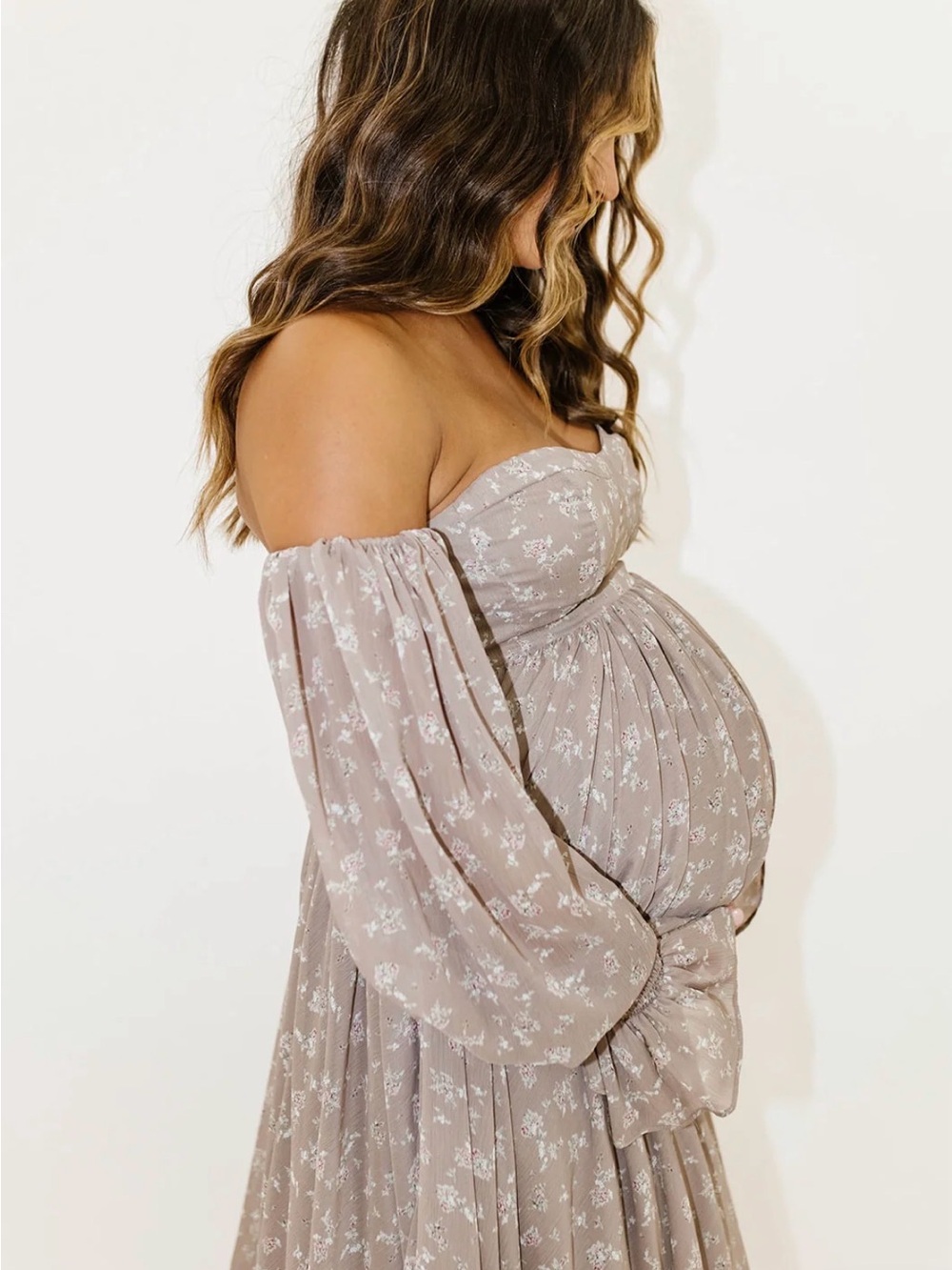 Off-Shoulder Maxi Maternity Dress in Dusty Taupe Floral - Picture 3 of 4